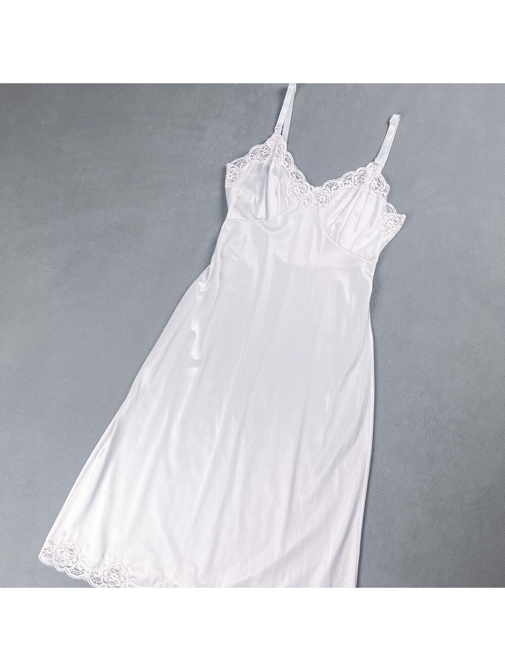 Vintage Light Grey Silky Nylon Dress Slip with Lace Trim